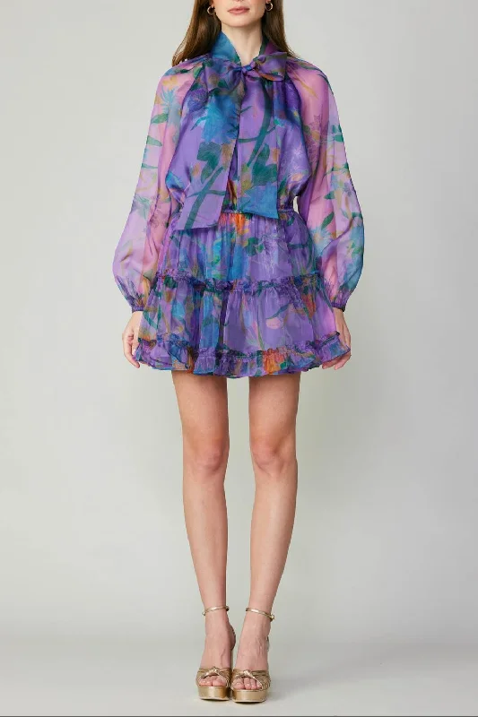 Slit Hem Mini Dress for a Trendy Look -Mini Tiered Dress In Purple Floral Multi