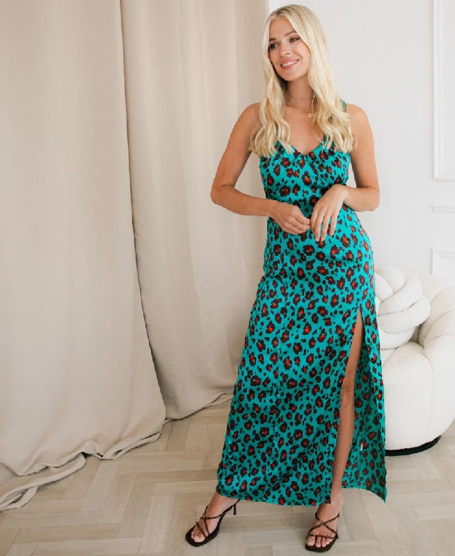 casual high-low hem maxi dress-Green Leopard Ruched Bust Detail Maxi