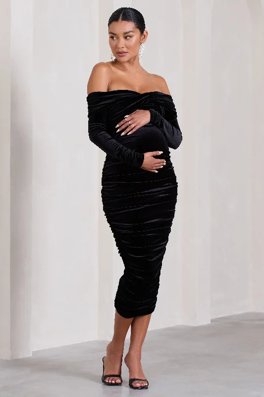 colorblock casual midi dress-Neva | Black Velvet Maternity Bardot Twist Maternity Midi Dress