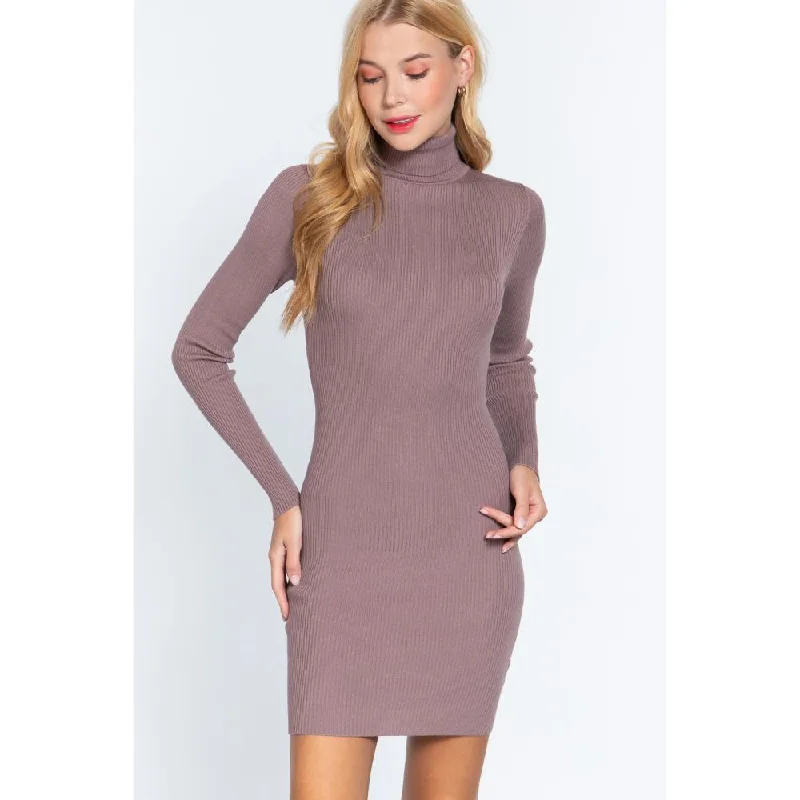 Mini Dress with Ruffle Hem -Turtle Neck Sewater Mini Dress