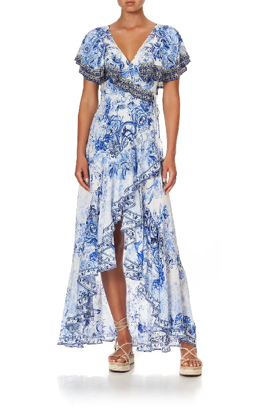 halter neck floral maxi dress-FRILL SLEEVE LONG DRESS HIGH TEA