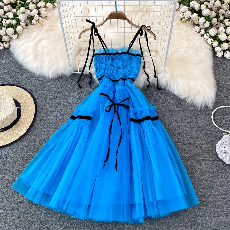 cocktail dress with flared skirt-Blue tulle short A line dress party dress    S454