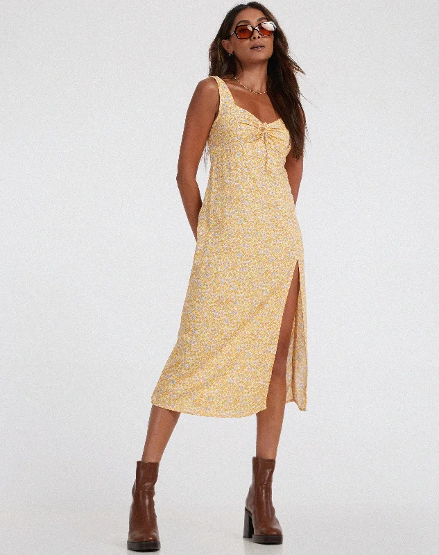 denim summer midi dress-Jorie Midi Dress in Flower Garden Yellow