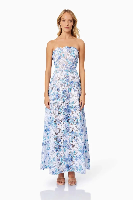 bohemian tiered maxi dress-Savannah Strapless Maxi Dress - Blue