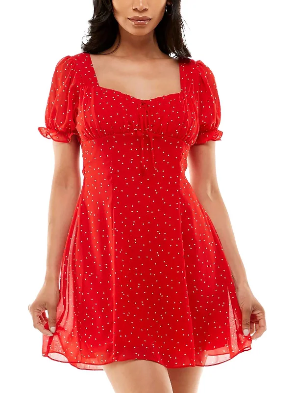 Date Ready Mini Dress -Juniors Womens Chiffon Polka Dot Mini Dress