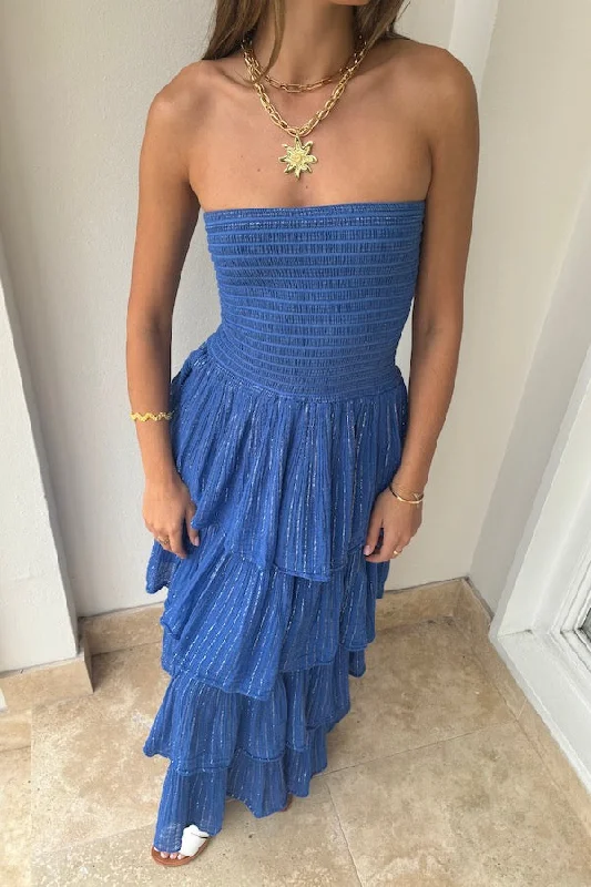 sleeveless jersey maxi dress-Tiered Maxi Dress Royal Blue/Gold