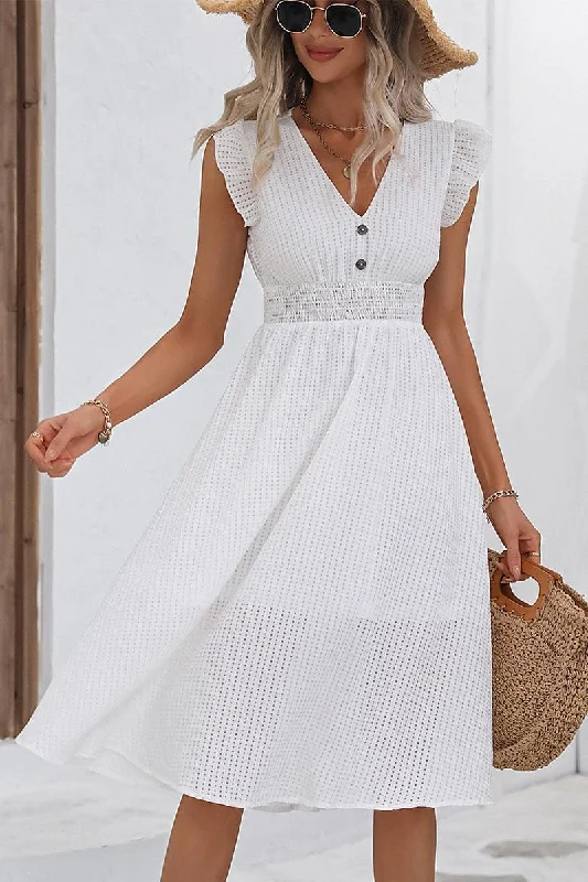 flowy summer midi dress-WOMEN FRILL ANGEL SLEEVE V NECK MESH MIDI DRESS