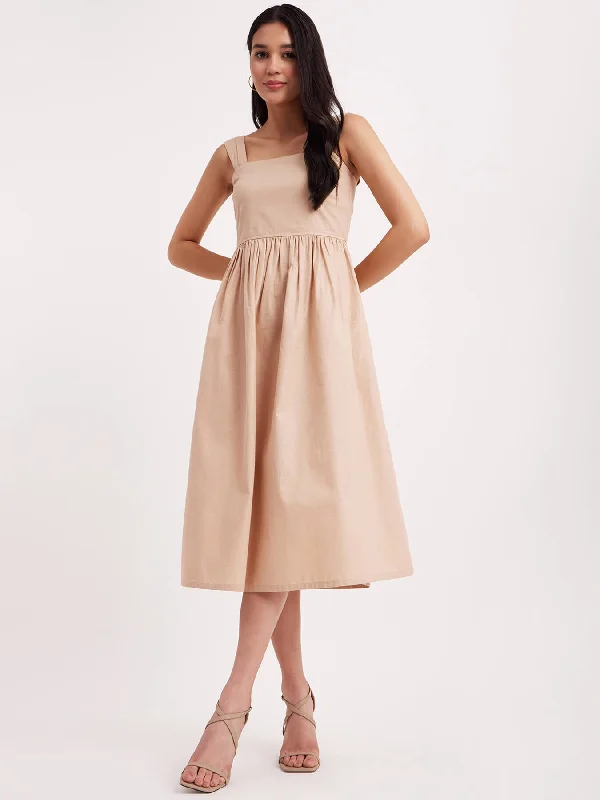 Lightweight Mini Dress for Hot Weather -Linen Fit And Flare Dress - Beige