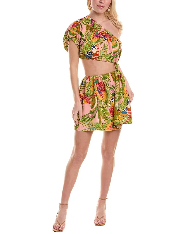 Sexy Slit Mini Dress -FARM Rio Macaw Leaves Cutout Waist Linen-Blend Mini Dress