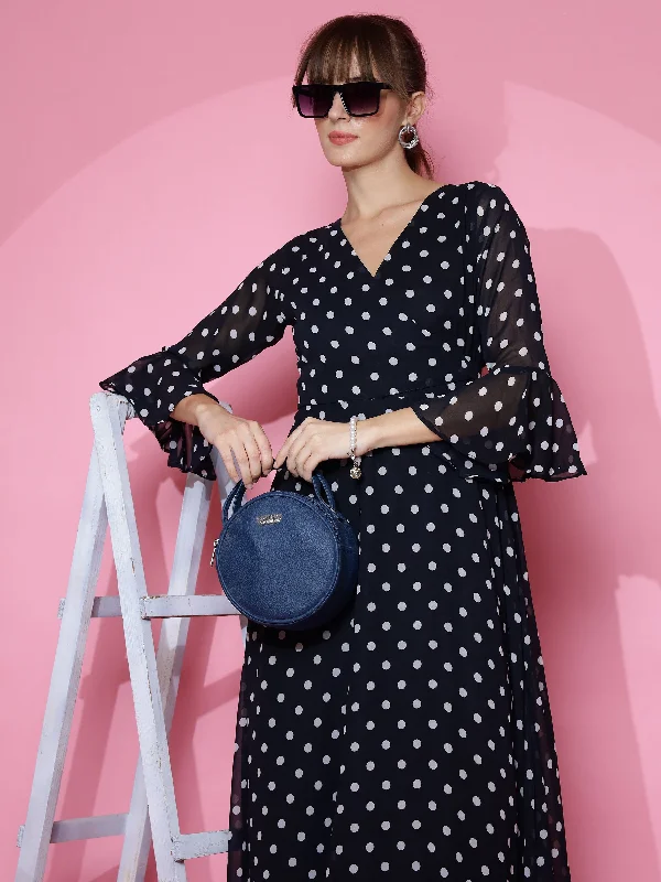 sleeveless summer midi dress-Women Polka Dot Print Georgette A-line Midi Dress