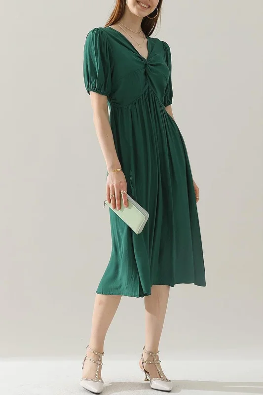 striped summer midi dress-KINK V NECK BALLOON SLEEVE RUFFLED MIDI DRESS