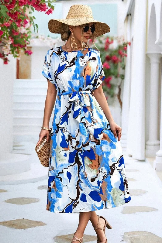 floral high neck midi dress-MARBLE PRINTING WAIST TIED WOMEN MIDI DRESS