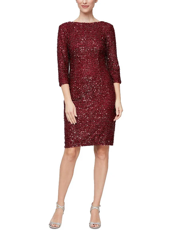 cocktail dress with peasant sleeves-Womens Metallic Sequined Cocktail and Party Dress