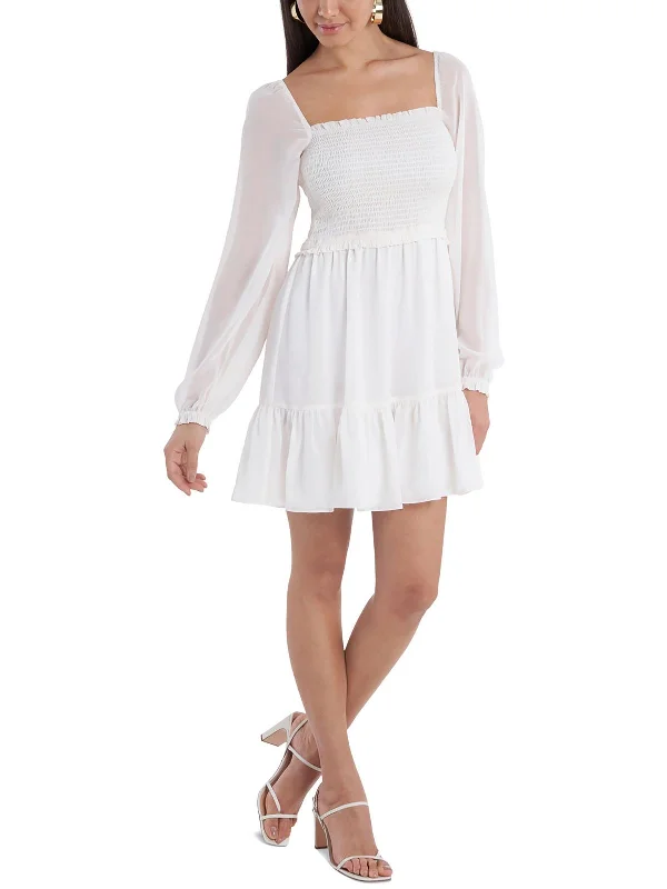 Chiffon Mini Dress for a Light Feel -Womens Chiffon Smocked Mini Dress