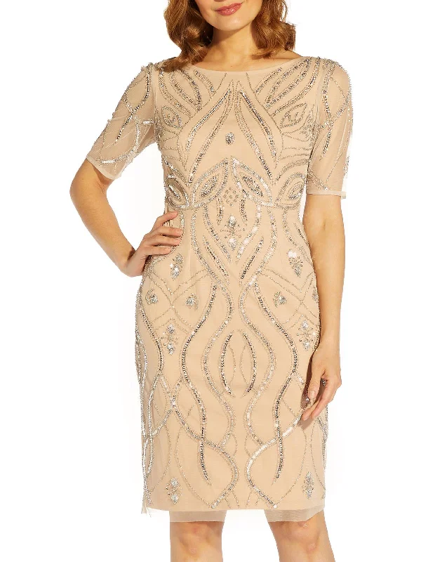 cocktail dress with metallic finish-Womens Embellished Sheath Cocktail and Party Dress