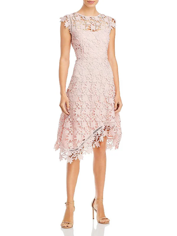 cocktail dress with lace appliqué-Womens Lace Overlay Asymmetric Cocktail Dress