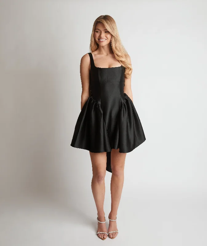 Elegant Black Mini Dress -Satin Bow Back Pleated Skirt Mini Dress - Black