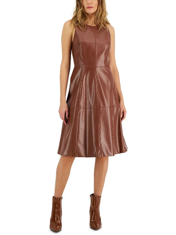 Elegant Mini Dress with Sleeves -Womens Faux Leather Sleeveless Fit & Flare Dress