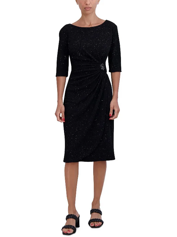 illusion neckline cocktail dress-Petites Womens Embellished Knit Cocktail and Party Dress