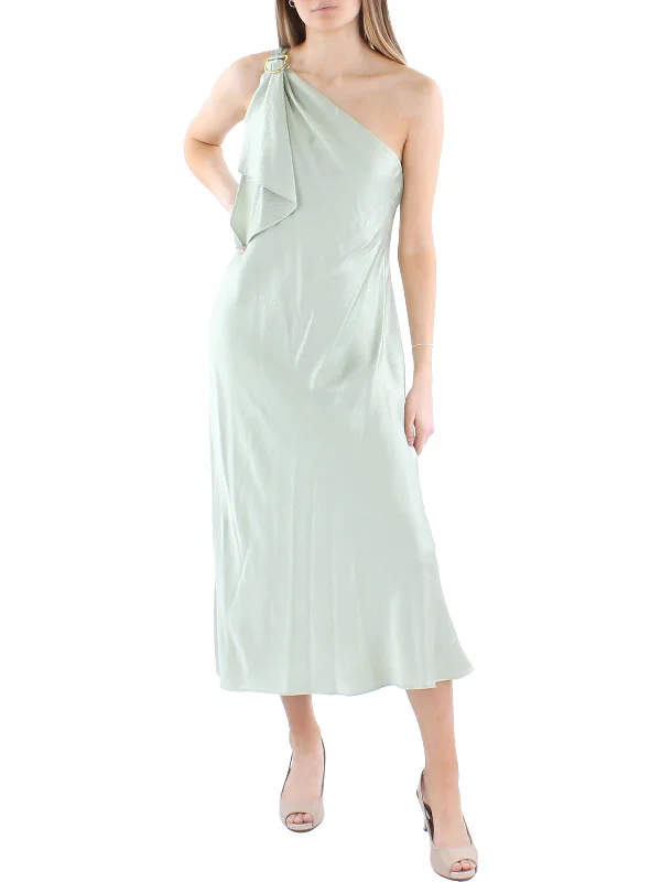 cocktail dress with illusion neckline-Womens Satin One Shoulder Cocktail and Party Dress