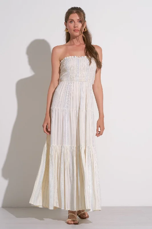 elegant lace overlay maxi dress-Ivory & Blue Stripe Strapless Maxi Dress