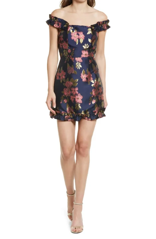 cocktail dress with scalloped edges-M - lulus navy off the shoulder ruffled floral party dress