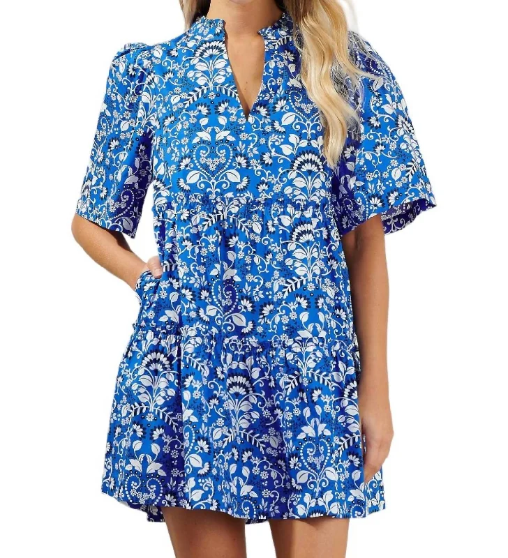 Ruffle Sleeved Mini Dress -Lulu Floral Tomales Mini Dress In Blue