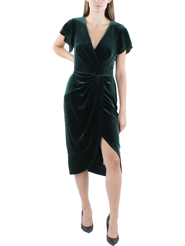 cocktail dress with sleeves-Womens Velvet Mid-Calf Cocktail And Party Dress