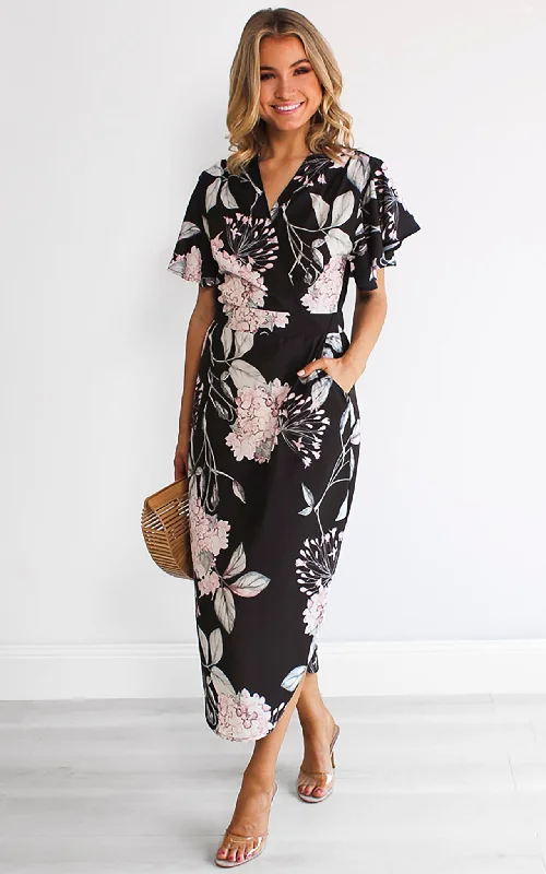 lace trim midi dress-Brandy Midi Dress - Black Floral