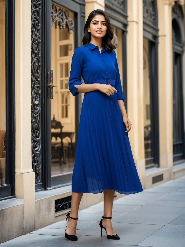 Lace Embellished Mini Dress -Collared Pleated Fit and Flare Dress - Royal Blue