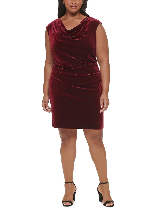 Mini Dress with Waist Tie -Plus Womens Velvet Mini Cocktail and Party Dress