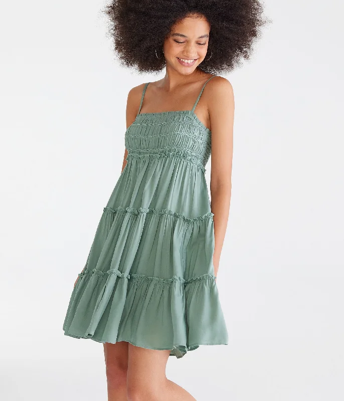 Faux Leather Mini Dress for a Bold Look -Aeropostale Solid Square-Neck Tiered Mini Dress