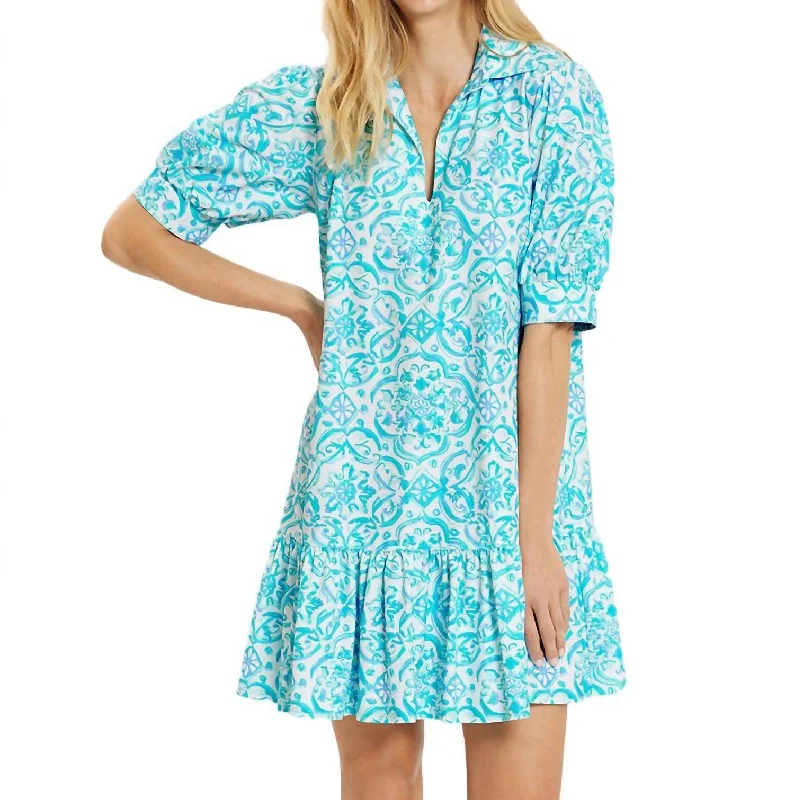 Cute and Playful Mini Dress -Tierney Painted Mini Dress In Tile Aqua