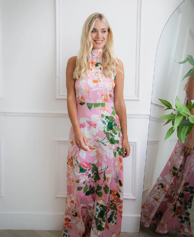 floral patchwork maxi dress-Pink Watercolour Floral Halter Neck Maxi Dress