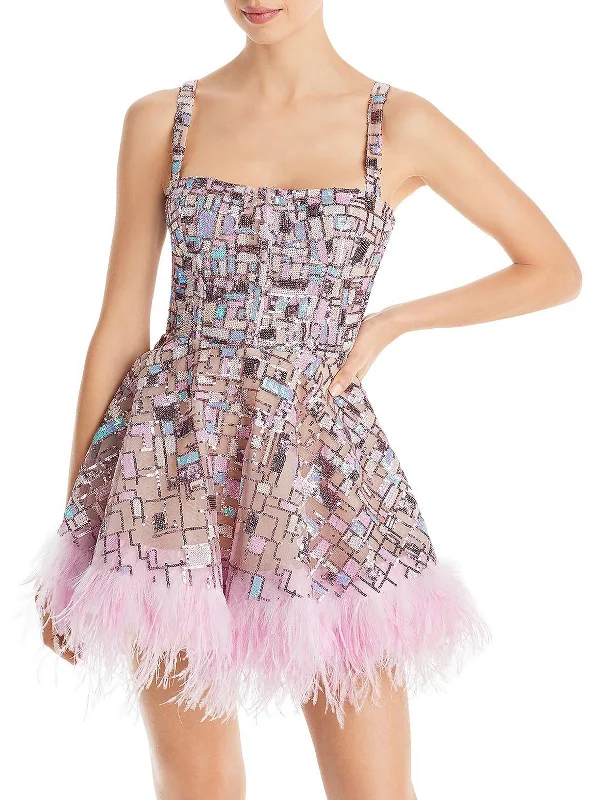 Date Ready Mini Dress -Mademoiselle Womens Ostrich Feather Sequined Fit & Flare Dress