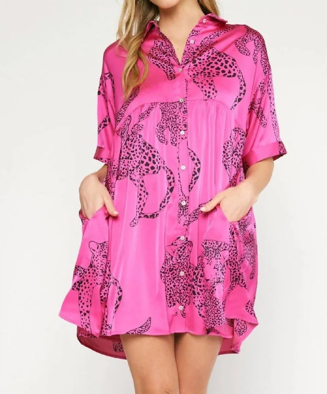 Festival Ready Mini Dress -Satin Cheetah Mini Dress In Hot Pink