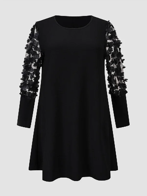 floral lace cocktail dress-Lace Sleeves Party Dress - Black