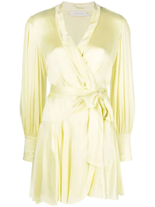 Boho Style Mini Dress -Silk Wrap Mini Dress In Lemon