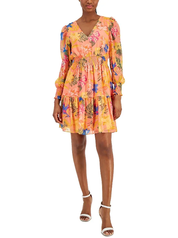 Mini Dress with Deep Plunge -Womens Daytime Tropical Print Fit & Flare Dress