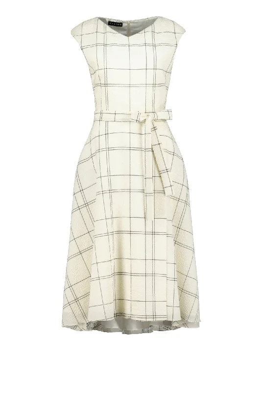 sleeveless cocktail dress-LIMNOPHILA IVORY PLAID WOOL SEERSUCKER COCKTAIL DRESS