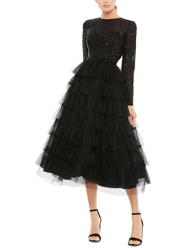 cocktail dress with flared skirt-Womens Sequined Ruffled Cocktail and Party Dress