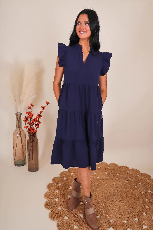 vintage inspired midi dress-Moving On Midi Dress-Navy