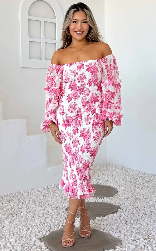 elegant wrap midi dress-Oh Baby Shirred Midi Dress - Pink Floral