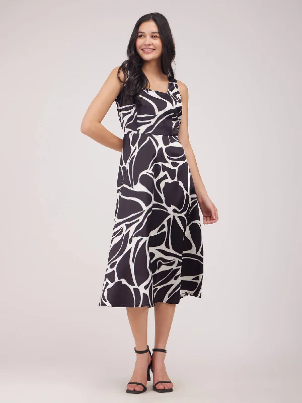 Chiffon Mini Dress for a Light Feel -Satin Fit And Flare Dress - Black And White