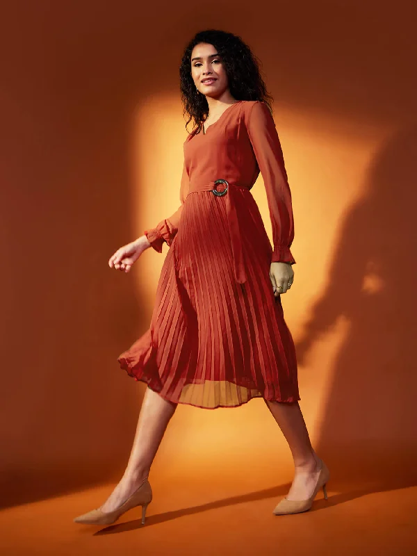 Mini Dress with a Classic Touch -V Neck Pleated Fit and Flare Dress - Rust