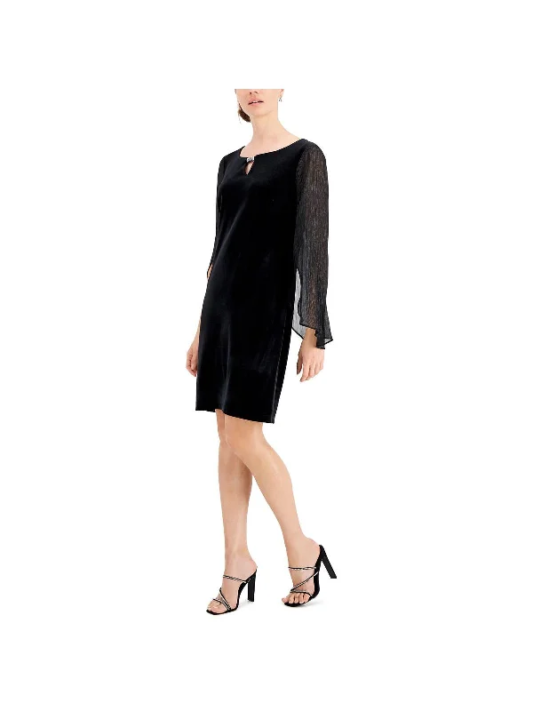 long sleeve cocktail dress-Womens Velvet Sheer Sleeves Cocktail and Party Dress