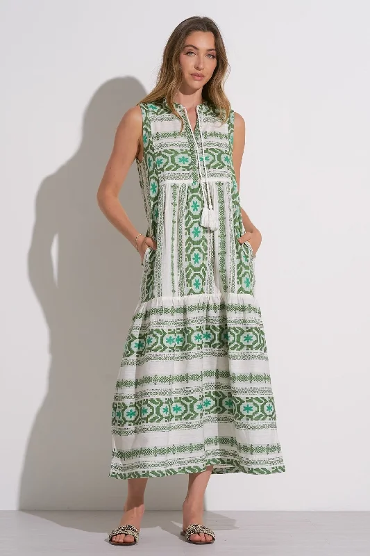 elegant sequin maxi dress-Green Embroidered Tiered Maxi Dress