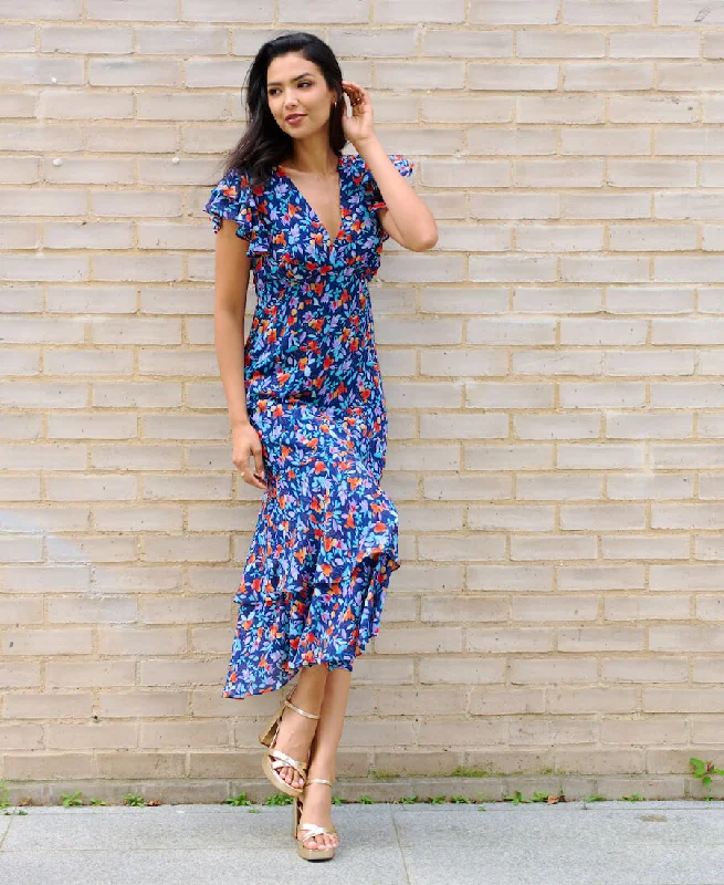 off shoulder ruched midi dress-Blue Floral Ruffle Midi Dress