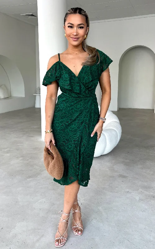 casual t-shirt midi dress-Mon Cherie Lace Midi Dress - Emerald