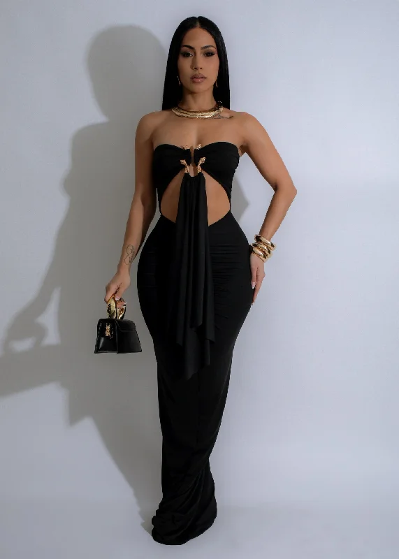 high neck pleated maxi dress-Eclipse Serpent Ruched Maxi Dress Black